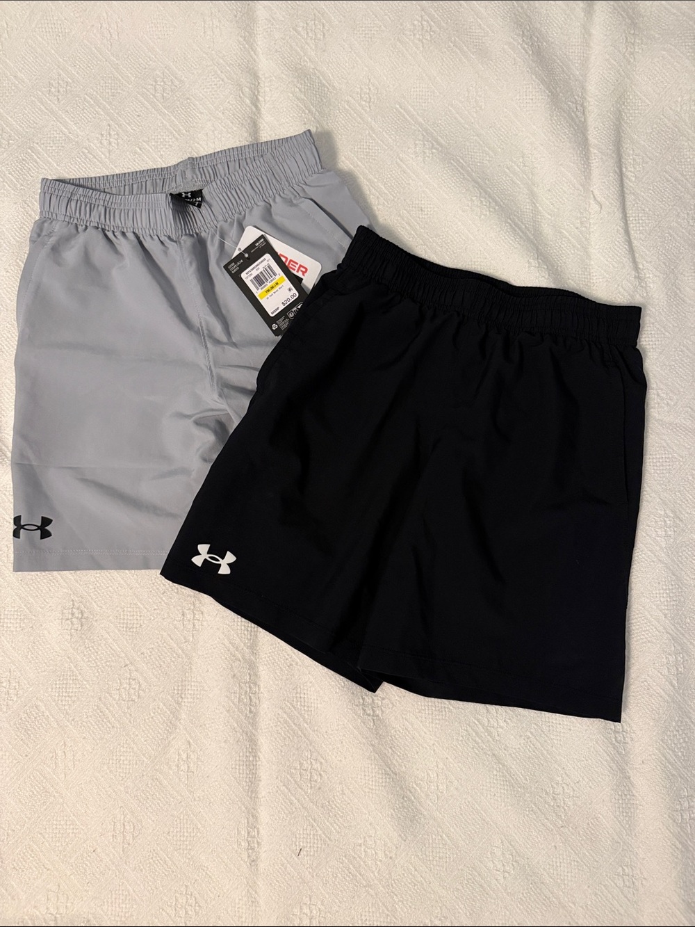 TWO PAIR of Under Armour Boy’s Athletic Shorts Black (worn once) Light Gray New
